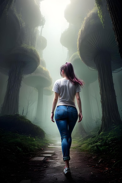 Foto ragazza in una foresta di funghi