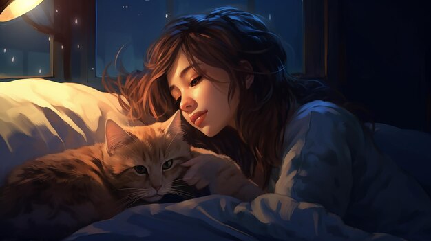 猫 と 共 に 昼寝 し て いる 少女