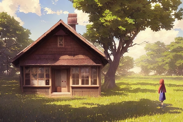 Girl near a wooden house on the prairie digital drawing in anime style