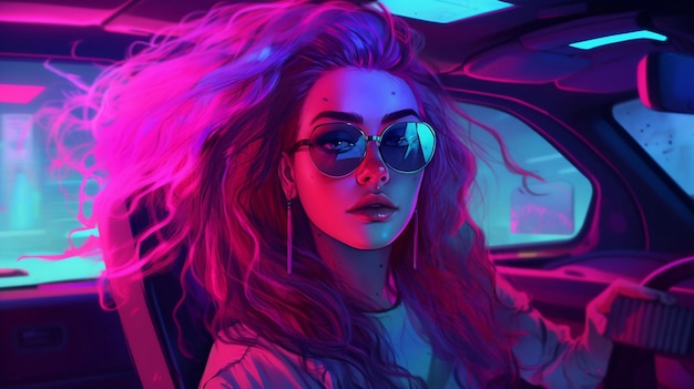 A girl in a neon light sits in a car.