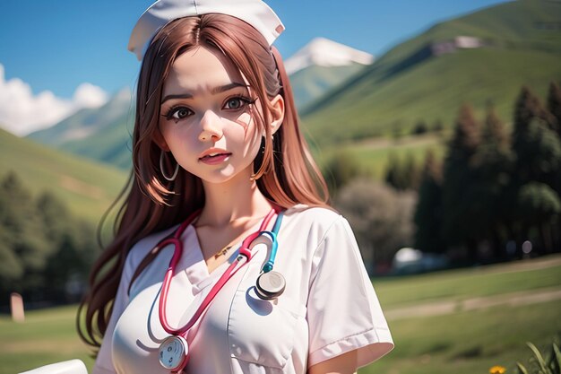 A girl in a nurse uniform stands in a field with mountains in the background.
