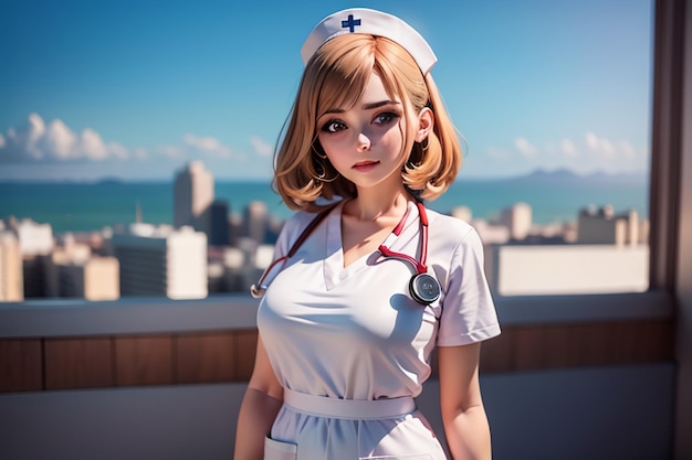 A girl in a nurse uniform stands in front of a cityscape