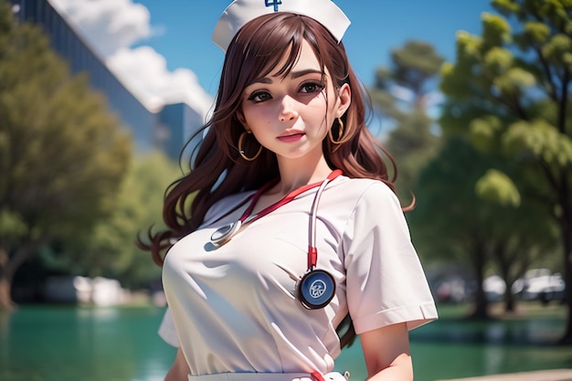 Девушка в форме медсестры стоит перед озером.