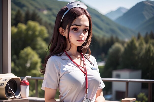 A girl in a nurse uniform stands in front of a mountain