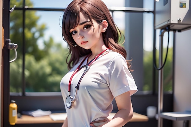 A girl in a nurse uniform stands in front of a window.