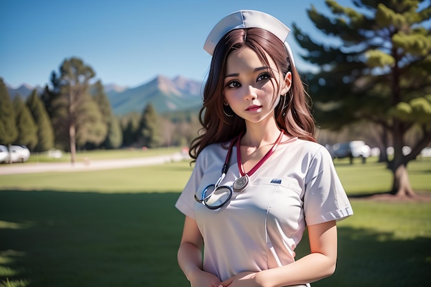 A girl in a nurse uniform with a red ribbon around her neck