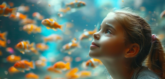 A girl observing colorful fish in a vibrant underwater scene the image is lively showcasing the beauty of marine life