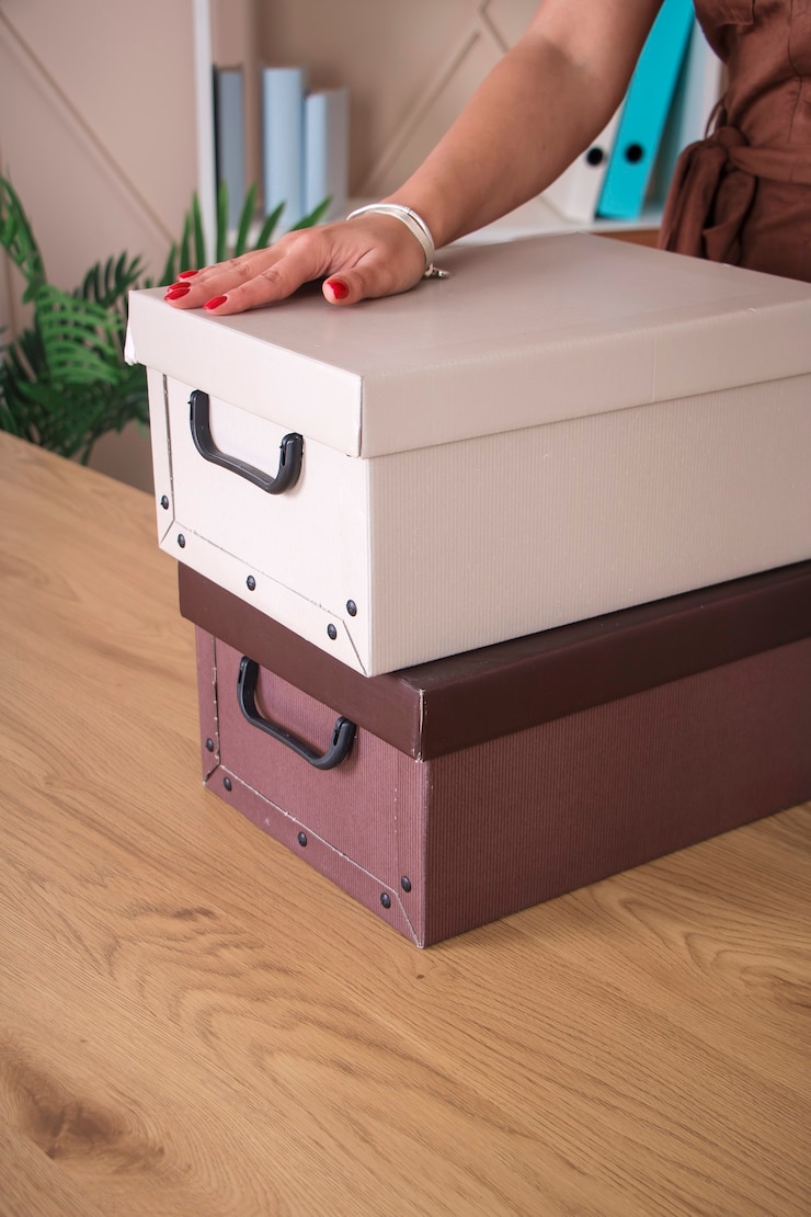 Photo girl in the office takes out boxes with documents