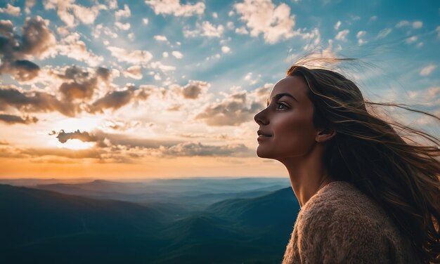 写真 霧の中の美しい山の谷を見ている緑の草の山頂の女の子