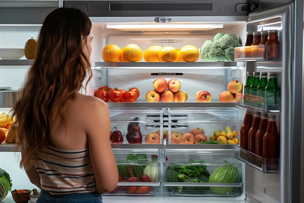 a girl opened refrigerator in kitchen