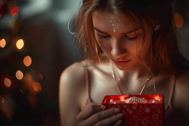 Girl Opens Red Gift Box with Jewelry