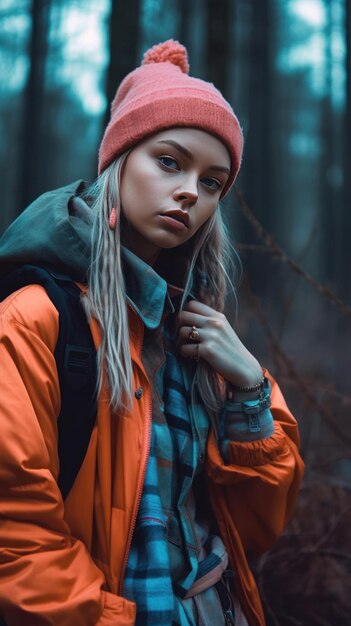 A girl in a orange jacket stands in a forest wearing a red hat and a black backpack.