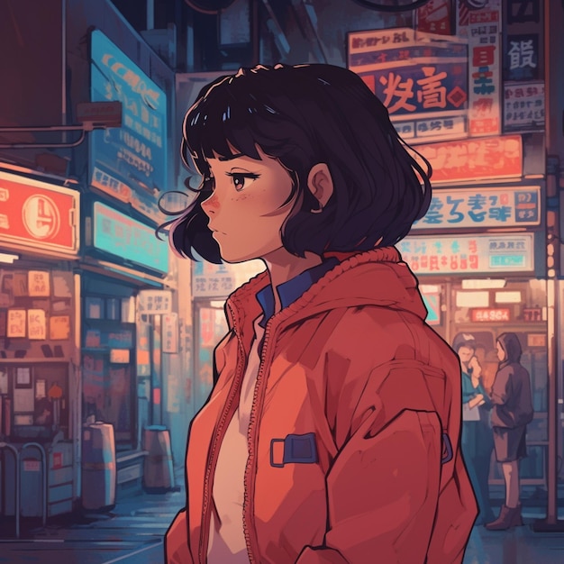 A girl in an orange jacket stands in front of a storefront with a chinese sign on the top.