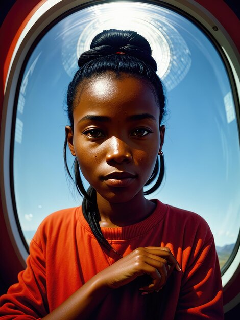 A girl in an orange shirt is looking out of a window.