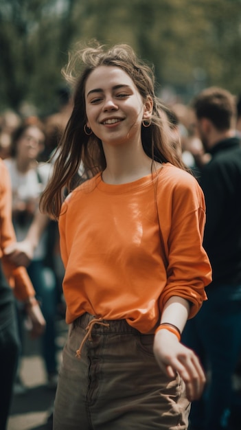 A girl in an orange shirt and a pair of jeans stands in a crowd.