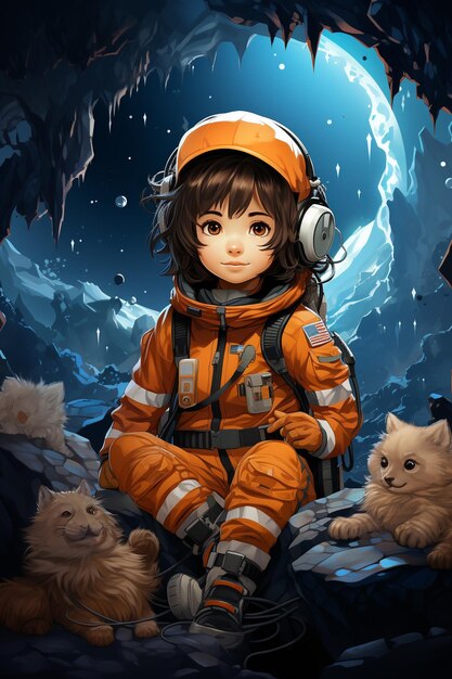 a girl in an orange suit with a cat in her lap and her pups in the background