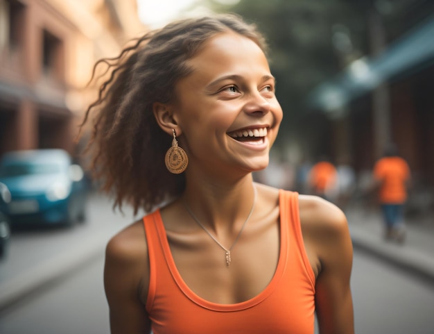 A girl in an orange tank top smiles for the camera