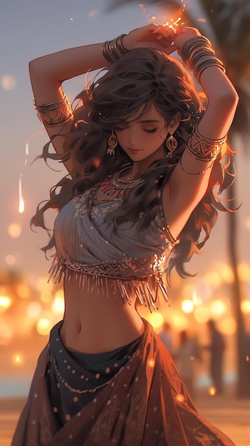 a girl in an outfit sitting and dancing by the seaside