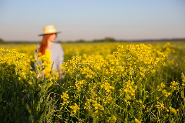 Foto ragazza con un cappello sfocato su un campo di colza giallo in fiore