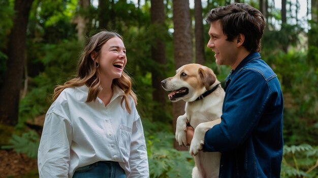 Girl in oversize shirt laughs wholeheartedly and looks at her darkhaired man holding labrador