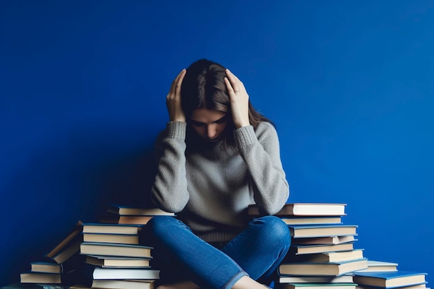 A girl overwhelmed among so many books that she has to read Ai generated