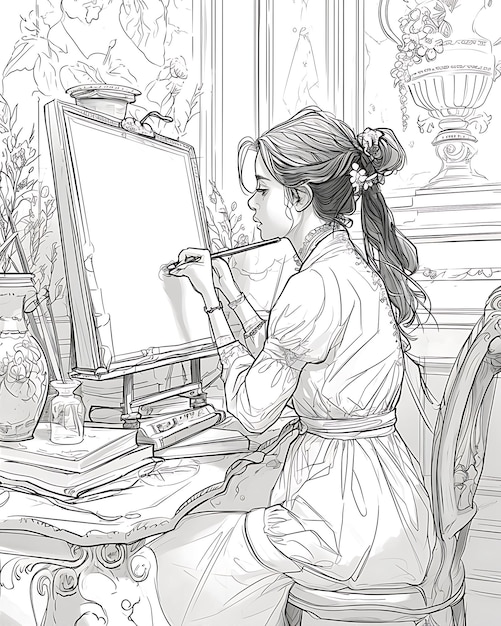 Girl Painting by a Vase