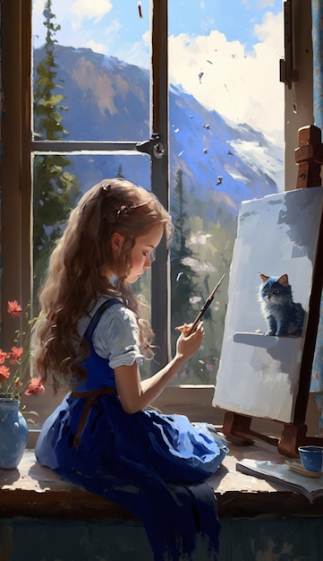 A girl painting a cat on an easel