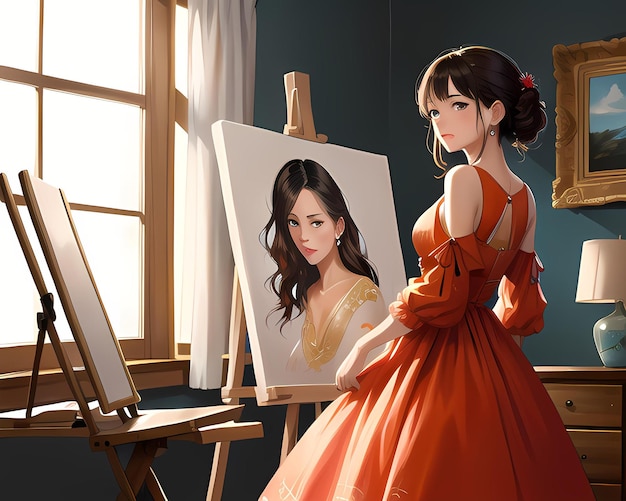 a girl painting on an easel in a sunlit studio Ai generated