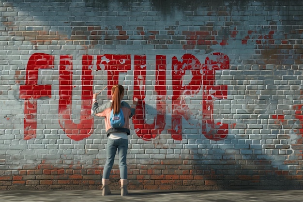 girl painting with red colors word of future on a brick wall