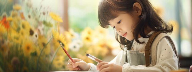 写真 少女がキャンバスに絵を描く