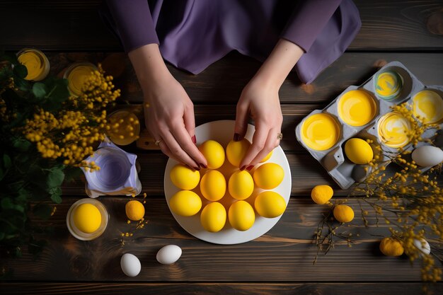 Foto una ragazza dipinge le uova gialle per pasqua preparazione per la festa tavolo di legno vista dall'alto