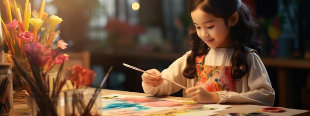 Girl paints a picture with paints on canvas