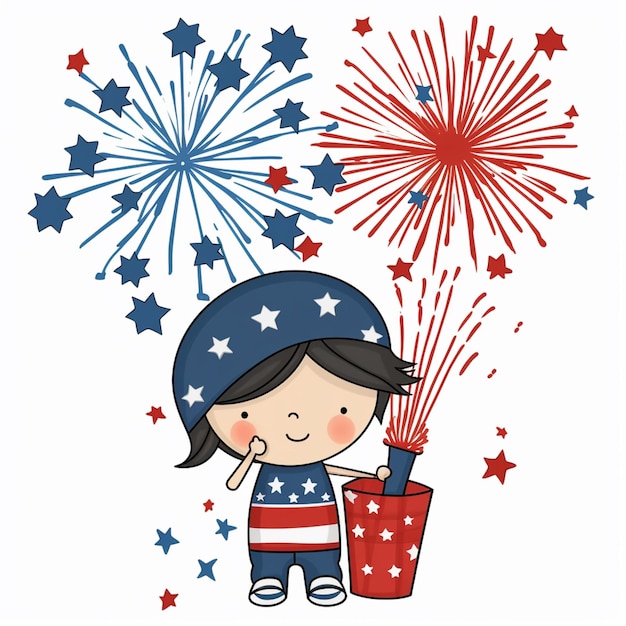 Photo a girl in a patriotic outfit stands next to fireworks.