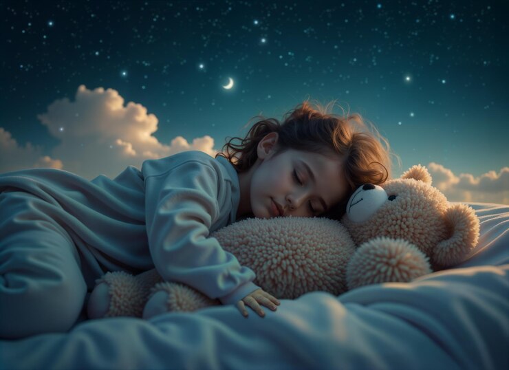 星空の下でテディベアと平和に眠っている女の子慰めを象徴する