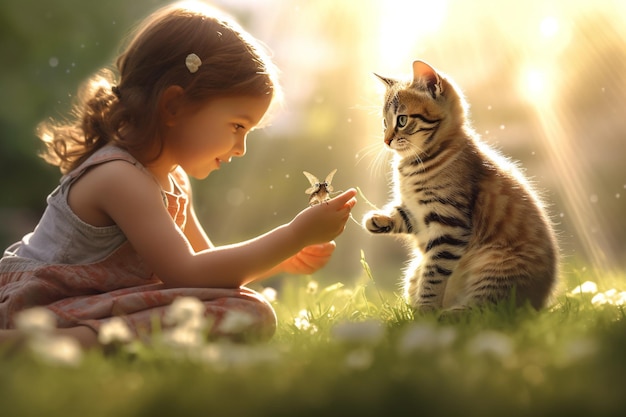 Girl and pet playing in a sunlight field Generative AI