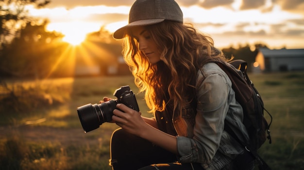 Photo girl photographer on sunset forest background