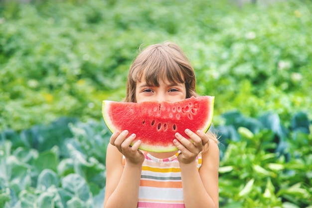 Girl on a picnic eats a watermelon.