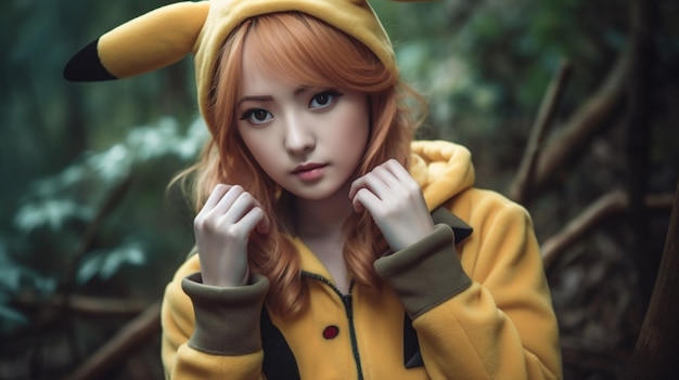 A girl in a pikachu costume poses in a forest