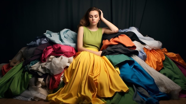 Girl in a pile of clothes The problem of overconsumption