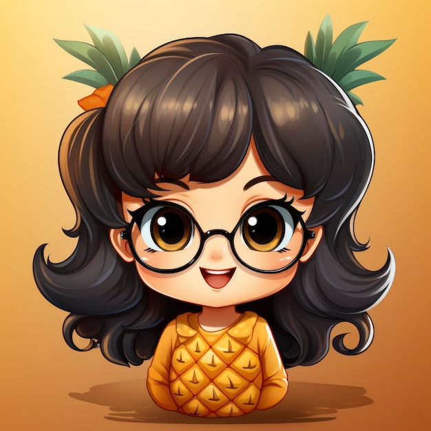 Girl PineappleIconCartoon Illustration For Printing