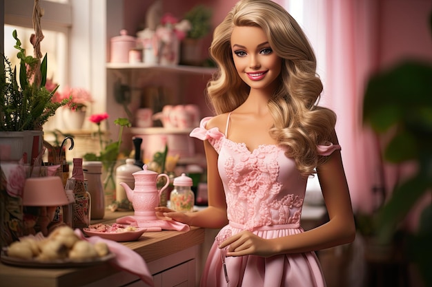 Girl in pink barbie look a like in pink kitchen cooking