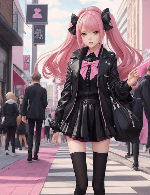 A girl in a pink and black outfit stands in a busy street by Generative AI