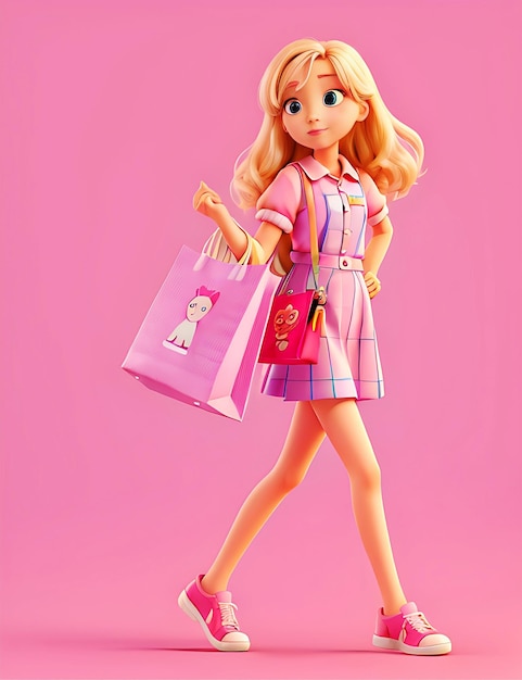 A girl pink blonde girl with shopping bag in hand standing and pink background ai generate