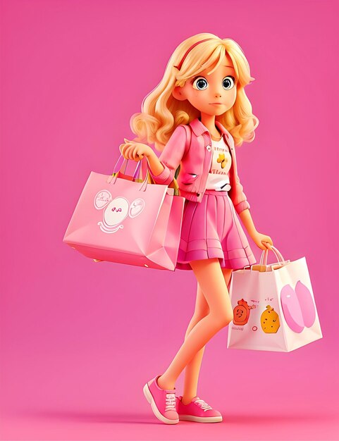 쇼핑백을 손에 들고 분홍색 배경 인공 지능을 생성하는 분홍색 금발 소녀