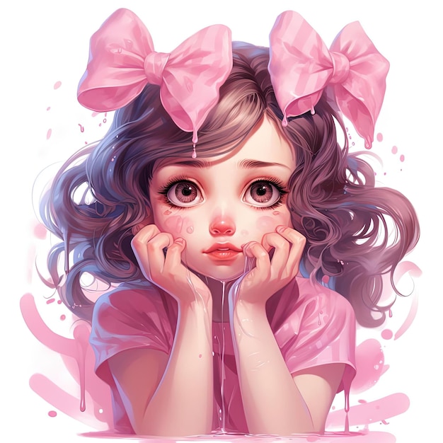 a girl in a pink bow washing her face with an object in the style of kawaii