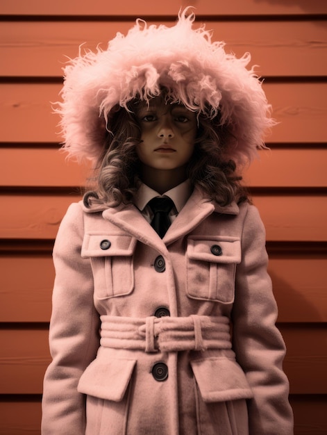 a girl in a pink coat and hat standing against a red wall