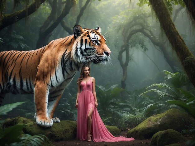 Photo a girl in a pink dress is standing with a tiger in the forest