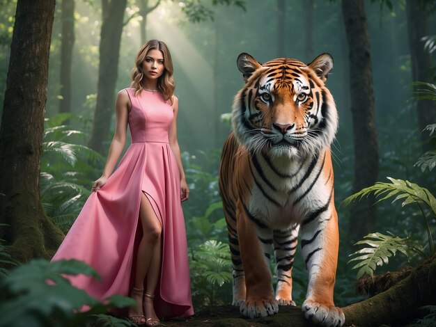 Photo a girl in a pink dress is standing with a tiger in the forest