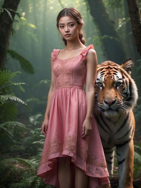 A girl in a pink dress is standing with a tiger in the forest