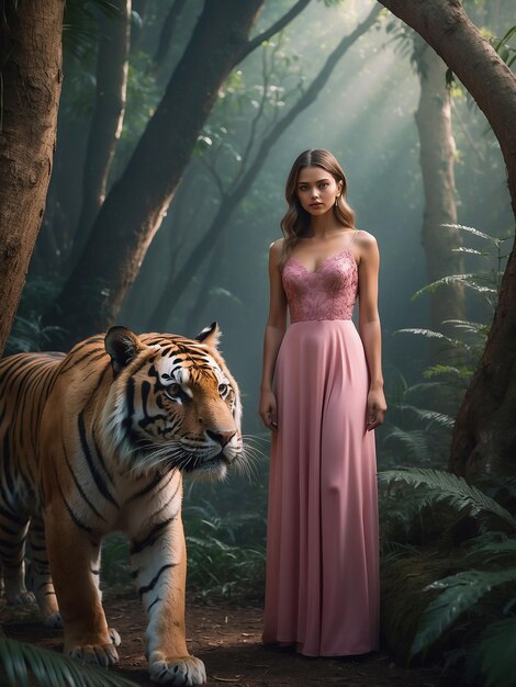 Photo a girl in a pink dress is standing with a tiger in the forest